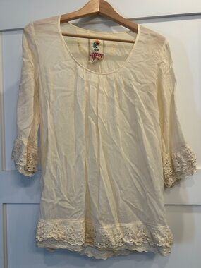 Johnny Was Cream Lace-Trim Tunic Top